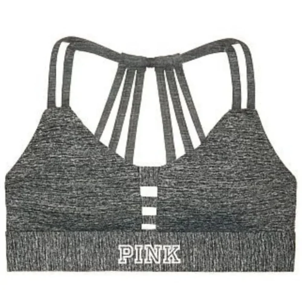 Victorias Secret PINK Strappy Back Gray Athletic Athleisure Sports Bra Ultimate - Picture 1 of 10